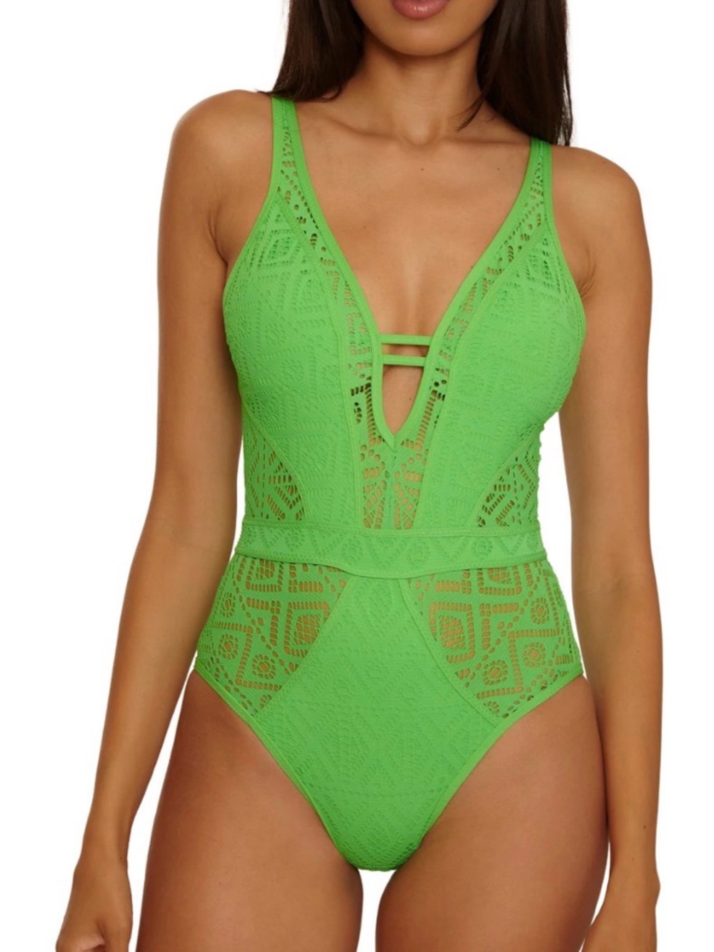 Becca by Rebecca Virtue "Color Play" Crochet Plunge One-Piece Swimsuit